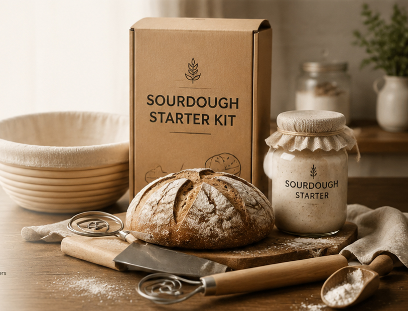Freshly baked sourdough bread on wooden table